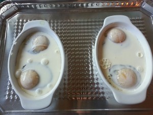 Whole cream poured over eggs and chard.